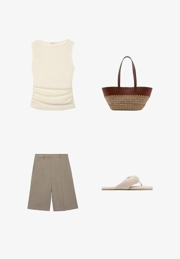 Haut sans manches en maille côtelée beige avec encolure ronde et léger froncement sur les côtés, présenté à plat sur fond blanc.; Shorts plissés beige à coupe droite, dotés de passants de ceinture et de poches latérales. Fabriqués en tissu lisse et léger.; Sandale plate beige à glissière avec une large bride croisée rembourrée et un anneau pour l'orteil, fabriquée en tissu doux.; Sac cabas en cuir marron et paille tissée avec deux longues poignées et surpiqûres blanches sur la bordure en cuir.
