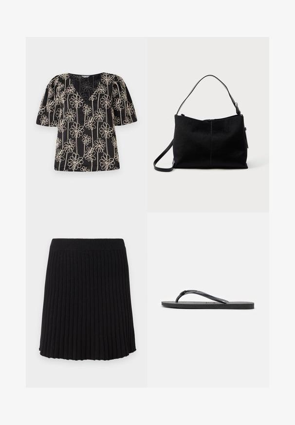 Μαύρη μπλούζα με φουσκωτά μανίκια, V-λαιμόκοψη και μπεζ κέντημα λουλουδιών. Το φλοράλ μοτίβο είναι ομοιόμορφα κατανεμημένο σε όλο το ύφασμα.; Μαύρη πλεκτή φούστα με ρίγες και φαρδύ λάστιχο, με κάθετες πιέτες και φαρδιά άκρη. Ομοιόμορφη υφή σε όλη την επιφάνεια.; Μαύρο λαστιχένιο σανδάλι τύπου σαγιονάρα με υφή στη σόλα και λουράκι σε σχήμα Υ, εμφανίζεται από το πλάι σε λευκό φόντο.; Μαύρη τσάντα ώμου με λεία, υφασμάτινη επιφάνεια, που διαθέτει έναν ενιαίο ιμάντα και κλείσιμο με φερμουάρ στην κορυφή. Συμπαγής ορθογώνιος σχήμα.