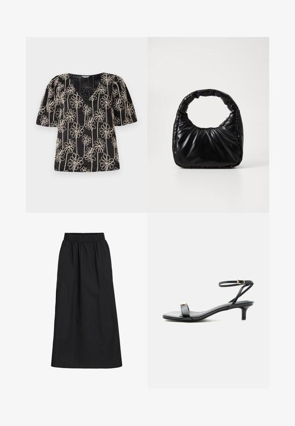 Top negro con mangas abullonadas, cuello en V y bordado de flores beige. El patrón floral está distribuido de manera uniforme por toda la tela.; Falda negra, hasta las rodillas, hecha de tela suave y ligera. Cuenta con una cinturilla elástica y un diseño simple y fluido sin adornos.; Sandalia de cuero negro con punta abierta, tacón bajo tipo ‘‘kitten’’, tirante fino en el tobillo con hebilla dorada y detalle decorativo dorado en la tira delantera.; Bolso negro acolchado con un asa redondeada, que presenta una superficie lisa y brillante y una textura suave y acolchada. Sin herrajes ni acentos visibles.