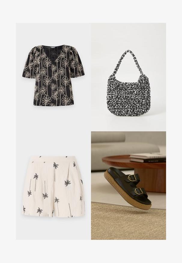 Top negro con mangas abullonadas, cuello en V y bordado de flores beige. El patrón floral está distribuido de manera uniforme por toda la tela.; Pantalones cortos de un beige claro con patrón de palmeras negras, que cuentan con pliegues en la parte frontal y una textura de tela suave y ligera.; Sandalia negra tipo slide con dos hebillas doradas ajustables y suela de plataforma tejida sobre una alfombra beige frente a una mesa de madera con libros.; Bolso de mano tejido en blanco y negro con forma redondeada, superficie texturizada y asa trenzada. Adecuado para uso casual.