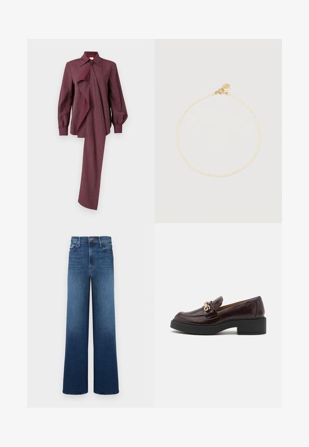 Chemise rayée bordeaux à manches longues, avec un détail drapé à l'avant et un col classique. Texture lisse et coupe ajustée.; Jean large avec un dégradé de bleu, doté d'une taille haute, de cinq poches et de coutures contrastantes pour plus de détails.; Mocassin en cuir brun avec une boucle d'accent dorée, un talon noir en bloc et une texture lisse. La vue latérale met en avant un bout arrondi et des détails cousus.; Collier de perles délicat avec petites perles rondes et fermoir à bascule en or orné d'un pendentif circulaire décoratif.