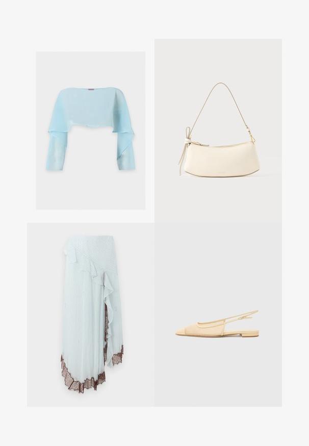 Lichtblauw, doorschijnend cropped top met lange mouwen, brede halslijn en vloeiend stofontwerp op een witte achtergrond.; Lichtblauwe wikkelrok met verticale witte strepen, voorzien van een gegolfde rand en ingewikkelde bruine kantafwerking aan de zoom.; Slingback ballerina in lichtbeige met een mesh bovenwerk, spitse neus en een lage hak. Voorzien van een verstelbare band voor een goede pasvorm.; Witte leren schoudertas met een gebogen ontwerp, gouden accenten en een gestrikte band. Soepele textuur, ritssluiting aan de bovenkant.