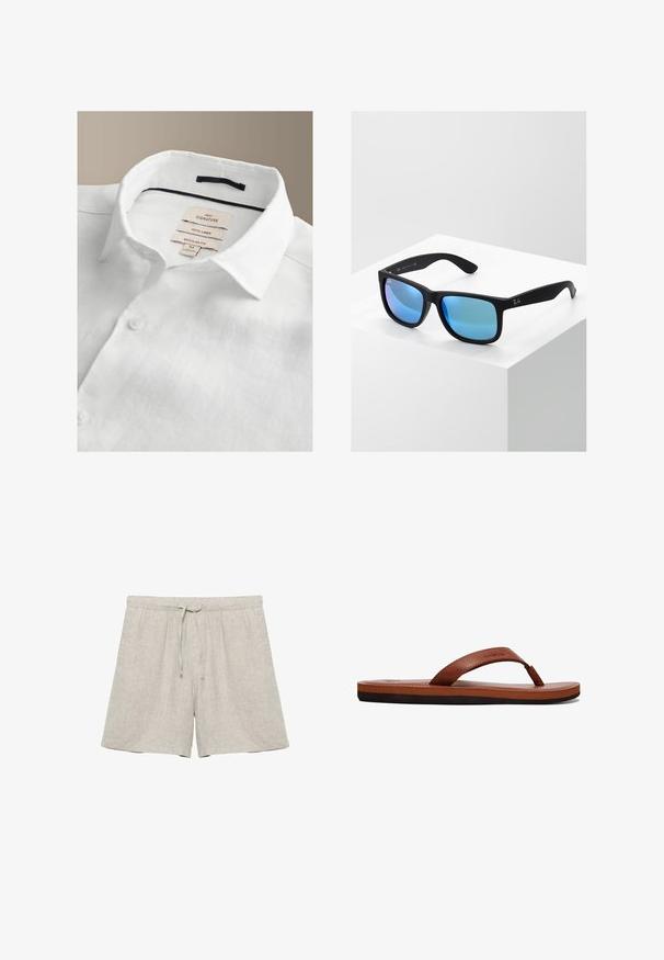 Weißes Leinenhemd mit Kentkragen, Knopfleiste und Etiketten innen im Kragen, die Marke, Stoff, Passform und Größe Medium anzeigen.; Hellbeige Leinen-Shorts mit elastischem Bund und Kordelzug, geradem Bein, ohne sichtbare Marken oder Muster.; Braune Lederflip-Flops mit einem strukturierten Riemen, einer gepolsterten Innensohle und einer schwarzen Gummisohle. Seitenansicht, die das schlanke Design hervorhebt.; Schwarze rechteckige Sonnenbrille mit blauen verspiegelt Gläsern. Hat eine matte Oberfläche und das Ray-Ban-Logo an den Bügeln.