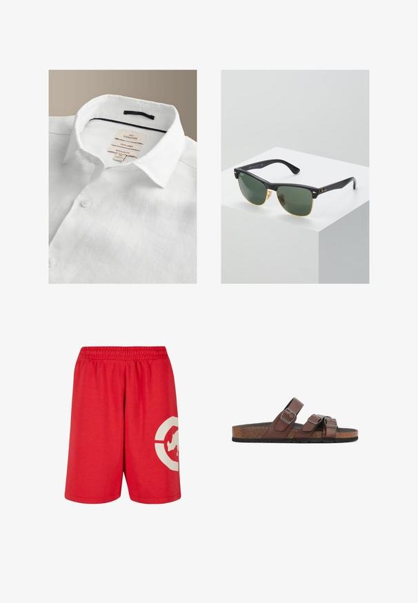 Camisa blanca de lino con cuello abierto, tapeta de botones y etiquetas en el interior del cuello que muestran la marca, el tejido, el corte y la talla mediana.; Pantalones cortos de algodón rojos con una cinturilla elástica, que presentan un gran diseño gráfico blanco en la pierna izquierda y una textura suave.; Sandalia de cuero marrón con tres correas ajustables con hebillas plateadas sobre suela de corcho y parte inferior negra con dibujo, vista lateral sobre fondo blanco.; Gafas de sol Ray-Ban con lentes verdes, montura de plástico negro y acentos dorados en los bordes. Forma cuadrada con acabado mate.