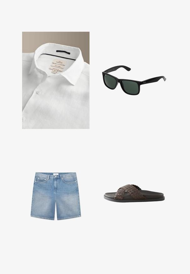 Camisa blanca de lino con cuello abierto, tapeta de botones y etiquetas en el interior del cuello que muestran la marca, el tejido, el corte y la talla mediana.; Pantalones cortos de mezclilla azul claro con un corte recto, cinco bolsillos, un ligero desgastado y una etiqueta de marca en la cinturilla. Material de algodón con costuras clásicas.; Sandalia deslizante para hombre de color marrón oscuro con tiras de cuero entrelazadas cruzadas y suela negra sobre fondo blanco.; Gafas de sol de plástico negro con lentes verdes, que cuentan con un marco cuadrado, acabado liso y el prominente logo de Ray-Ban en las patillas.