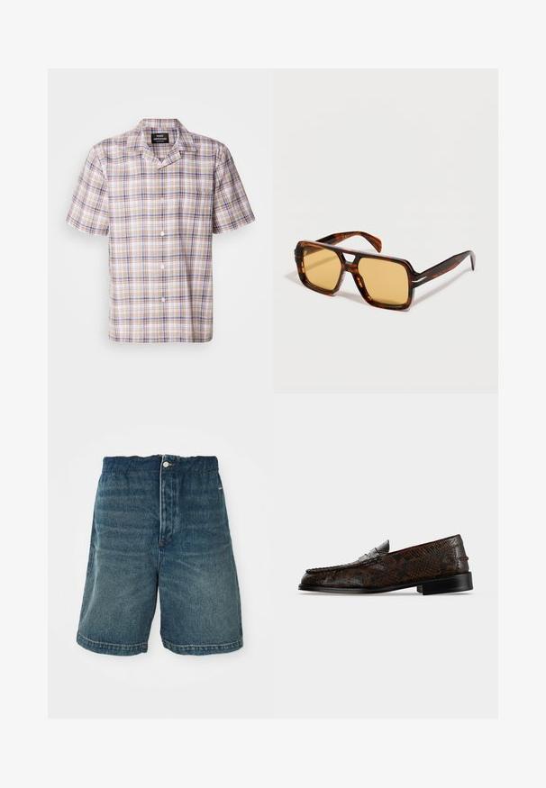 Kurzarm-Hemd mit Karomuster in Beige, das blaue und braune Akzente aufweist, einen Kragen hat und vorne mit Knöpfen versehen ist. Hergestellt aus leichtem Stoff und zeigt ein schachbrettartiges Muster.; Dunkelblaue Denim-Shorts mit lockerer Passform, Knopfverschlüsse und sichtbaren Nähten an Saum und Taschen.; Dunkelbrauner Slipper aus Schlangenleder mit niedrigem Absatz und Mokassin-ähnlicher Naht, seitlich auf weißem Hintergrund gezeigt.; Schildpatt rechteckige Sonnenbrille mit bernsteinfarbigen Gläsern und einem Ausschnitt in der Brücke, auf einem weißen Hintergrund gezeigt.
