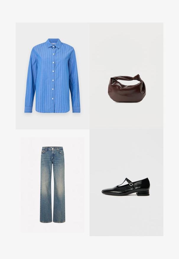 Blaues Langarmhemd mit weißen vertikalen Streifen, Knopfleiste vorne, klassischem Kragen und weicher Stoffstruktur.; Hellblaue Denim-Breite-Jeans mit einer verblassten Textur, fünf Taschen, einem Knopfverschluss und Kontrastnähten entlang der Nähte.; Schwarze Mary Jane Schuhe aus Leder mit spitzer Spitze, kleinem Blockabsatz und verstellbarem Riemen mit silberner Schnalle. Glatte, glänzende Textur.; Dunkelbraune Lederschultertasche mit weicher, lockerer Form und einem gedrehten Knotengriff vor schlichtem weißem Hintergrund.