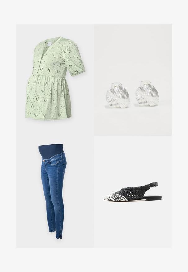 Lysegrøn graviditetsbluse med korte pufsleeves, øjesten blomstermønster, knappet front og detaljer med indsnøring ved taljen.; Graviditetsjeans i mørkeblå denim. Slim fit med et strækbart, støttende mavebånd. Har sidelommer med lynlås ved anklen.; Sort-hvid flettet læder flad slingback-sko med spids tå og justerbar ankelrem med spænde.; Sølvrunde ørehængere i skaldform med strukturerede riller og glatte kurver, der har en klar bagside for sikker bæring.
