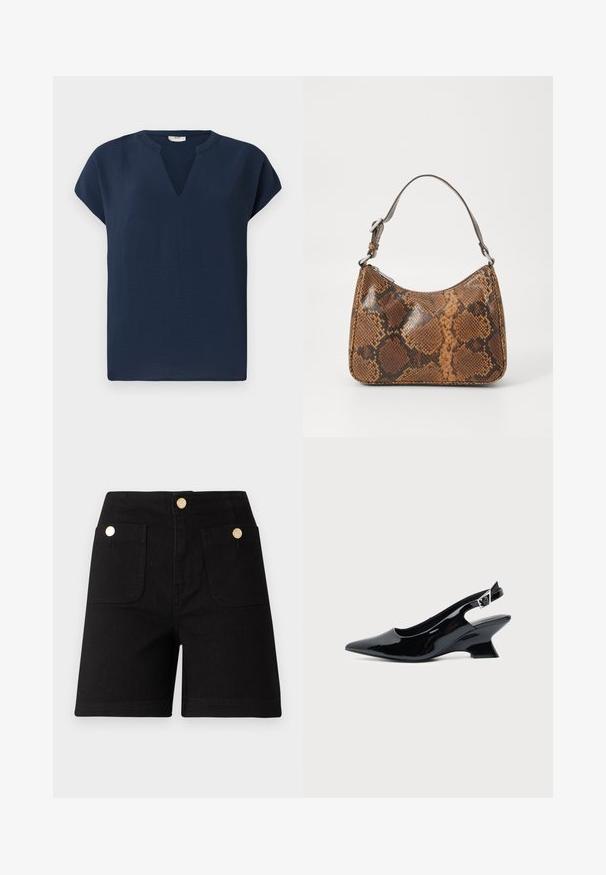 Navyblauw shirt met korte mouwen en een V-vormige halslijn, gemaakt van een lichtgewicht stof. Beschikt over een ontspannen pasvorm en subtiele draping.; Zwarte denim shorts met een hoge taille, voorzien van twee opvallende zakken aan de voorkant en goudkleurige metalen knopen voor de sluiting en accenten. Zorgt voor een soepele textuur.; Zwarte lakleren slingback schoen met spitse neus en lage schuine blokhak op een effen lichte achtergrond.; Kleine handtas met een bruin en zwart slangenprintpatroon, korte verstelbare schouderriem en ritssluiting.