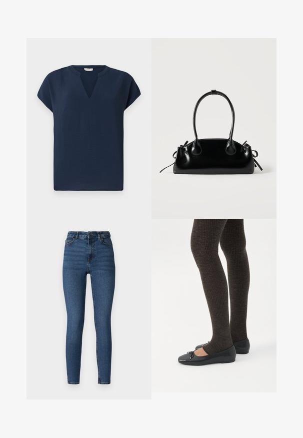 Námornícky modrý top s krátkym rukávom a výstrihom do V, vyrobený z ľahkého materiálu. Má voľný strih a jemný pad.; Tmavomodré denimové skinny džínsy s vysokým pásom, vybavené predným zapínaním na gombík, pútkami na opasok a štandardným dizajnom s piatimi vreckami.; Nohy v tmavých pásikavých legínach v kombinácii s čiernymi balerínkami s malými mašličkami na bielom pozadí.; Malá čierna lesklá kabelka s dvoma dlhými rúčkami a bočnými šnúrkovými detailmi na jednoduchom svetlom pozadí.