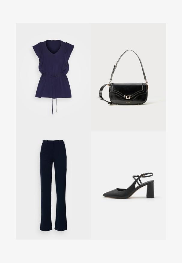 Anna Field Top - dark blue; Námornícke modré nohavice so strieborným strihom, vyrobené z hladkej látky, s pútkami na opasok a predným zipsom.; Čierne lodičky s úzkym špicatým nosom a strapcom okolo členka, vyrobené z hladkej kože, s blokovým podpätkom a nastaviteľným pásikom na členku s pozlátenými detailmi.; Čierna kožená kabelka s textúrovaným povrchom, zaobleným dizajnom, zlatým kovovým príslušenstvom, nastaviteľným ramenným popruhom a akcentom loga na prednej strane.