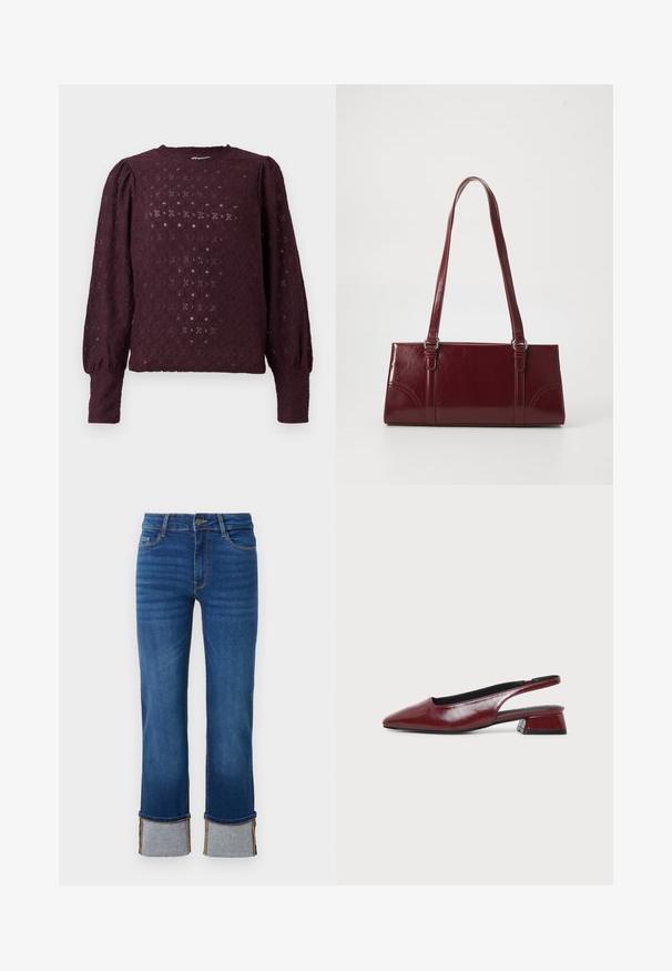 Blusa de encaje de manga larga en púrpura oscuro con hombros abullonados y puños ajustados, que presenta un patrón de diamantes y flores.; Jean de mezclilla azul con pierna recta, con puños enrollados en gris claro. Cintura de altura media y diseño tradicional de cinco bolsillos.; Zapato slingback de cuero granate con punta afilada y tacón bajo de bloque, mostrado de perfil sobre un fondo claro y sencillo.; Bolso burdeos hecho de material brillante, de forma rectangular, con dos asas para el hombro y sutiles acentos curvados en la parte frontal.