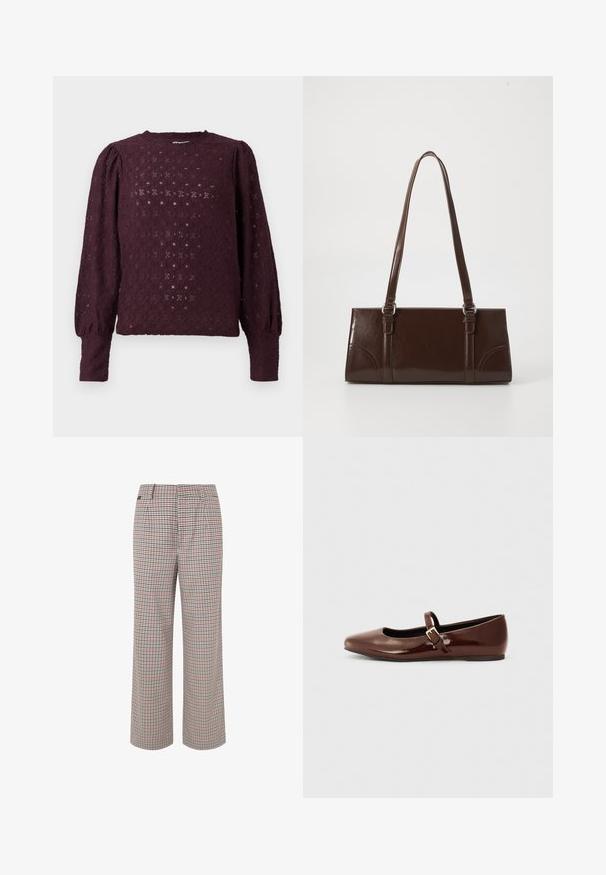 Tumman violetin pitsipusero, jossa on pitkät hihat, puffimaiset olkapäät ja tiukat hihansuut, sekä timantti- ja kukkakuosi.; Tarkat housut beige, punaisessa ja tummansinisessä. Laajalahkeinen malli, jossa on räätälöity vyötärö ja laskokset, sekä teksturoitu kangaspinta.; Kahvikuvioinen patentti-nahkainen balettipohja, jossa on neliskulmainen varvasosa ja nauha, jossa on pieni kultainen solki. Sujuva pinta, matala korko ja minimalistinen muotoilu.; Ruskea patentoitu nahkalaukku, jossa on suorakaiteen muotoinen malli, kaksi pitkää kantohihnaa ja hienovaraiset kaarevat yksityiskohdat etuosassa.