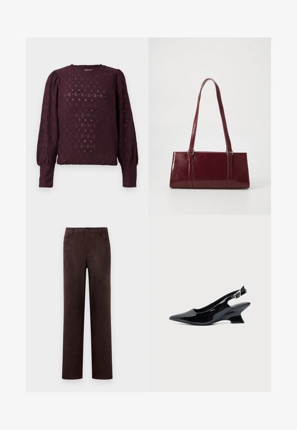 Blusa de encaje de manga larga en púrpura oscuro con hombros abullonados y puños ajustados, que presenta un patrón de diamantes y flores.; Pantalones rectos de ante marrón oscuro con cierre de botón delantero y cremallera, trabillas para cinturón y bolsillos laterales.; Zapato slingback de cuero charol negro con puntera puntiaguda y tacón bajo en bloque inclinado sobre fondo claro liso.; Bolso burdeos hecho de material brillante, de forma rectangular, con dos asas para el hombro y sutiles acentos curvados en la parte frontal.