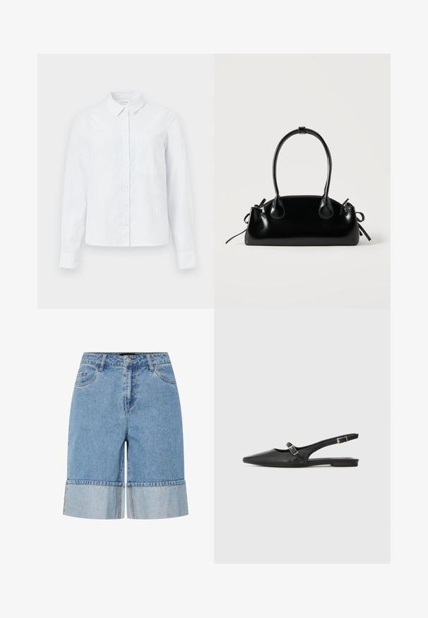 Camisa de botón de manga larga color azul claro, con cuello, rayas verticales y un bolsillo en el pecho. Fabricada con un tejido suave.; Pantalones cortos de mezclilla en azul claro con dobladillo enrollado, que cuentan con un cierre de botón, passantes para cinturón y dos bolsillos delanteros. Textura suave y diseño casual.; Zapatos slingback de cuero negro con punta afilada, que cuentan con una correa estrecha y un detalle de hebilla plateada en el lateral. Suela plana.; Pequeño bolso negro brillante con dos asas largas y detalles de cordón lateral sobre un fondo claro liso.