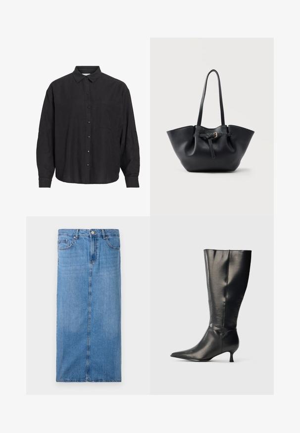 Zwarte blouse met lange mouwen, knopen, kraag en één borstzak, weergegeven tegen een witte achtergrond.; Denim midi rok in lichtblauw, met een rechte silhouet, zijnaad, en standaard taille met vijf riemlussen en een metalen knoopsluiting.; Zwarte leren kniehoge laars met puntige neus en lage kittenhak, weergegeven op een effen lichte achtergrond.; Zwarte leren tote bag met lange handvatten en een voorband met een kleine gouden gesp, tegen een effen achtergrond.