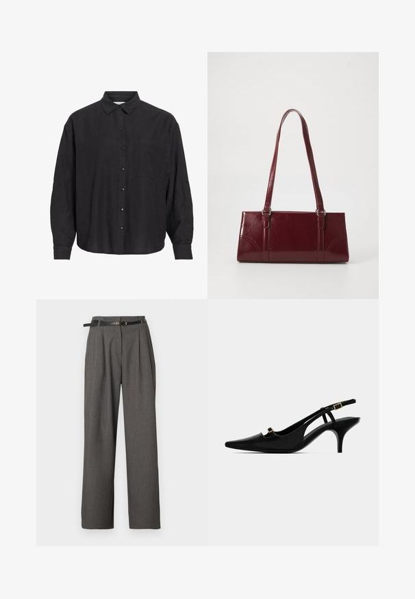 Chemise noire à manches longues avec boutons, col et une poche poitrine, présentée sur un fond blanc.; Pantalon gris taille haute avec plis et poches latérales, stylisé d'une fine ceinture noire avec une boucle ronde dorée.; Pompe slingback noire à bout pointu avec un talon courbé bas et une petite boucle dorée sur la sangle avant et la sangle de la cheville.; Sac à main bordeaux en matériau brillant, de forme rectangulaire, avec deux anses et des accents légèrement courbés à l'avant.