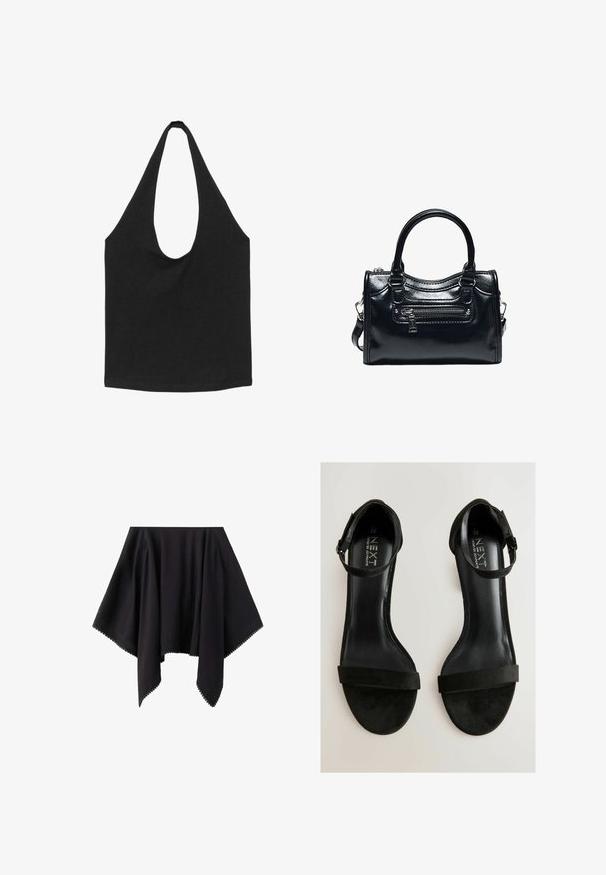 Sac cabas en tissu noir avec des bretelles larges et arrondies et un compartiment principal ouvert, présenté sur fond blanc.; Jupe asymétrique noire avec ourlet pointu et détails subtils en dentelle le long des bords, présentée sur fond blanc.; Sandales à talon haut en daim noir avec une fine bride de cheville et une large bande frontale. Texture lisse avec un intérieur poli et un design de bout arrondi.; Sac à main en cuir noir brillant avec deux poignées, poche avant zippée et bandoulière amovible sur fond blanc.