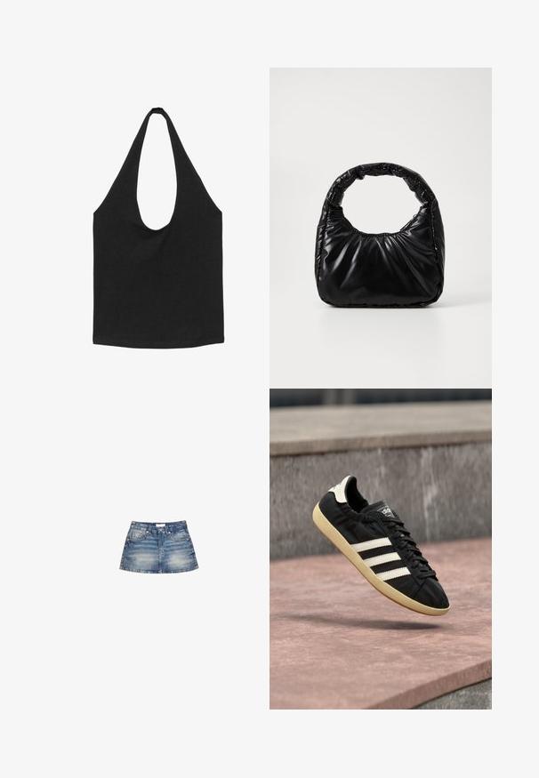 Sort stof-tote taske med brede, afrundede skulderstropper og et åbent hovedrum, vist mod en hvid baggrund.; Denim mini nederdel i lyseblå vask, med en tætsiddende talje, forlommer og en svungen kant med let falming og færdige kanter.; Sort Adidas sneaker med hvide striber og beige sål, fanget i luften over en stenet overflade og baggrund af en stenmur.; Sort polstret håndtaske med et rundt håndtag, der har en glat, skinnende overflade og en blød, kviltet tekstur. Ingen synlige hardware eller accenter.