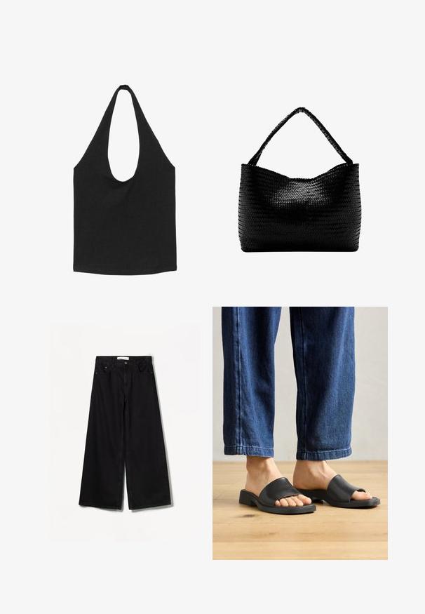 Sort stof-tote taske med brede, afrundede skulderstropper og et åbent hovedrum, vist mod en hvid baggrund.; Sorte bredbenede jeans lavet af denim. Har en høj talje, for- og baglommer samt sølvfarvet hardware på knap- og lynlåslukningen.; Sorte slip-on sandaler lavet af glat materiale, med åben tå og en bred toprem, sat mod mørk denim bukser med lige pasform.; Sort vævet håndtaske med et enkelt flettet håndtag, rektangulær form og glansfuld tekstureret overflade.