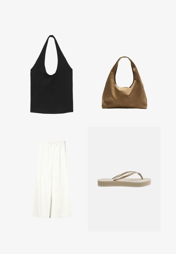 Sac cabas en tissu noir avec des bretelles larges et arrondies et un compartiment principal ouvert, présenté sur fond blanc.; Pantalon en lin blanc à jambes larges avec taille élastique et cordon de serrage, doté de poches latérales et d'une fente à l'avant.; Sandale tongs beige avec semelle texturée et bride en forme de Y métallique dorée sur fond blanc.; Sac à épaule en tissu marron avec un corps large et arrondi et une grande poignée découpée. Texture douce, design minimaliste et aucun matériel visible.