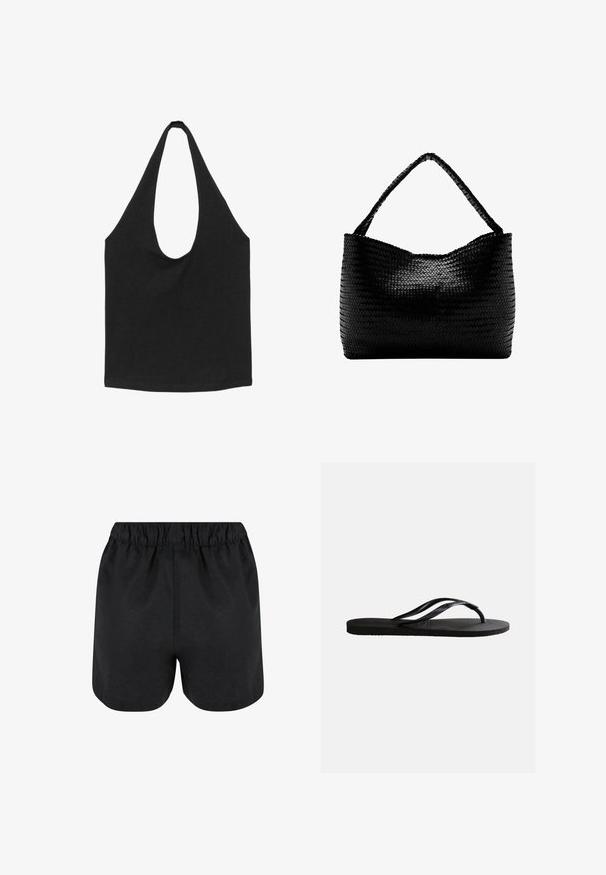 Sac cabas en tissu noir avec des bretelles larges et arrondies et un compartiment principal ouvert, présenté sur fond blanc.; Shorts noirs avec une taille élastique. Tissu doux, design simple et ourlet légèrement arrondi en bas. Pas de motifs ou de logos visibles.; Sandale tong en caoutchouc noir avec semelle texturée et fines brides en Y sur un fond blanc uni.; Sac à main tissé noir avec une anse unique tressée, forme rectangulaire et surface texturée brillante.