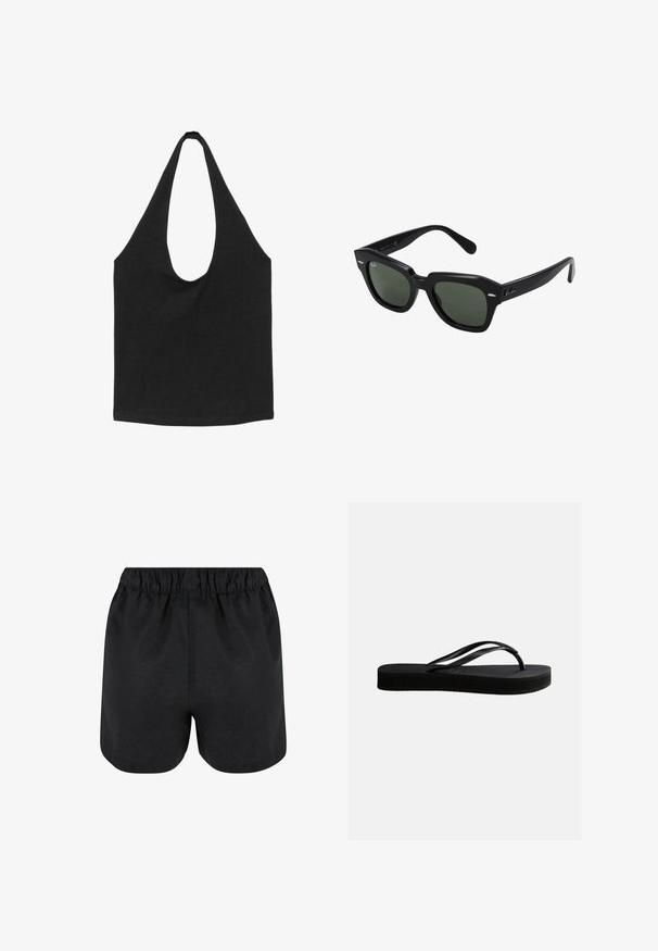 Sac cabas en tissu noir avec des bretelles larges et arrondies et un compartiment principal ouvert, présenté sur fond blanc.; Shorts noirs avec une taille élastique. Tissu doux, design simple et ourlet légèrement arrondi en bas. Pas de motifs ou de logos visibles.; Tongs en caoutchouc noir avec semelle texturée et bride en forme de Y, vues de côté sur un fond clair uni.; Lunettes de soleil carrées noires avec des verres vert foncé, présentant des montures audacieuses et des accents argentés sur les côtés. Fabriquées en Italie.