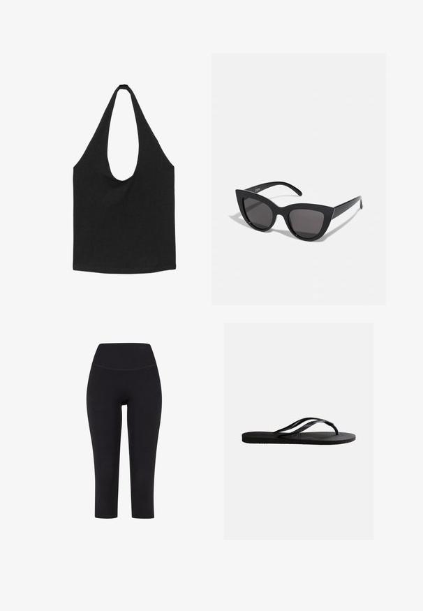 Schwarze Stofftasche mit breiten, abgerundeten Schulterriemen und offenem Hauptfach, vor weißem Hintergrund dargestellt.; Schwarze 3/4-Leggings aus dehnbarem Material mit hohem Taillenbund und ohne sichtbare Muster oder Hardware.; Schwarze Gummizehensandale mit strukturiertem Fußbett und dünnen, Y-förmigen Riemen vor einfachem weißem Hintergrund.; Schwarze Cat-Eye-Sonnenbrille mit matter Oberfläche, grauen getönten Gläsern, scharfen Kanten und schlanken Bügeln. Der Markenname ist auf dem inneren Bügel sichtbar.