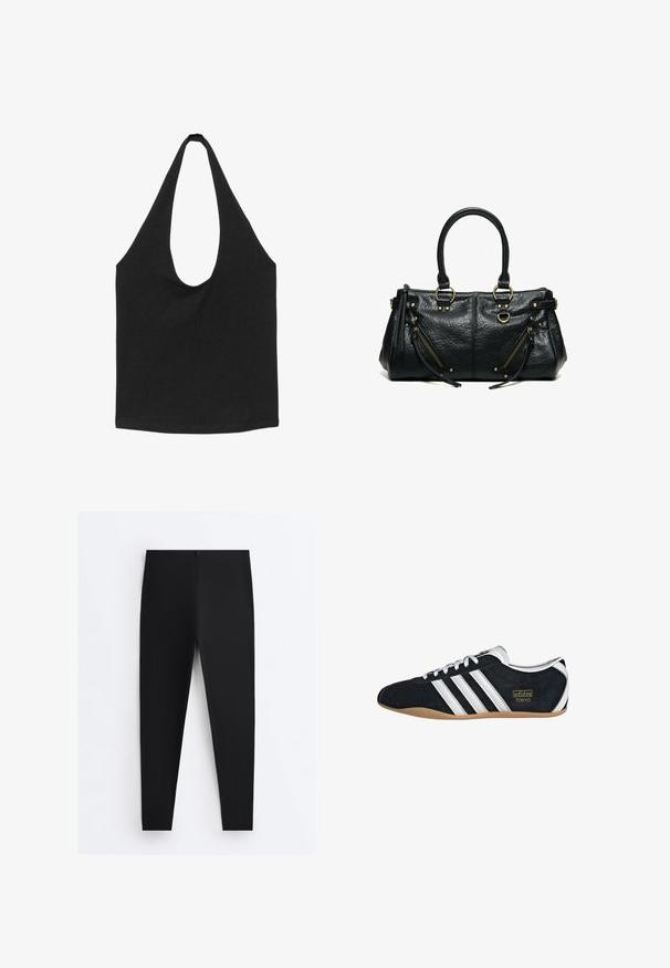 Schwarze Stofftasche mit breiten, abgerundeten Schulterriemen und offenem Hauptfach, vor weißem Hintergrund dargestellt.; Schwarze eng anliegende Leggings mit hohem Bund und glattem Stoff, flach auf einem weißen Hintergrund dargestellt.; Schwarze Wildledersneaker mit drei weißen Streifen, goldenem Logo und brauner Gummisohle. Merkmale ein niedrigprofiliertes Schnürdesign.; Schwarze Lederhandtasche mit zwei Griffen, zwei schräg verlaufenden Reißverschlusstaschen mit Fransen und goldfarbenen Metallringen und Nieten.
