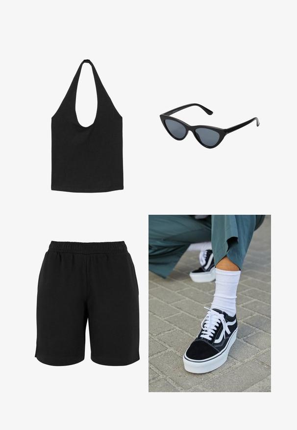 Zwarte stoffen draagtas met brede, afgeronde schouderbanden en een open hoofdvak, afgebeeld tegen een witte achtergrond.; Zwarte katoenen shorts met een elastische tailleband, met een gladde textuur en een eenvoudige snit. Geen zakken of versieringen zichtbaar.; Zwarte suède sneaker met witte accenten en veters, uitgerust met een dikke witte zool en contrasterende stiksels, gecombineerd met een witte sok.; Zwarte cat-eye zonnebril met donkergrijze lenzen, slank plastic frame, puntige hoeken en rechte pootjes. Geen zichtbare hardware of accenten.