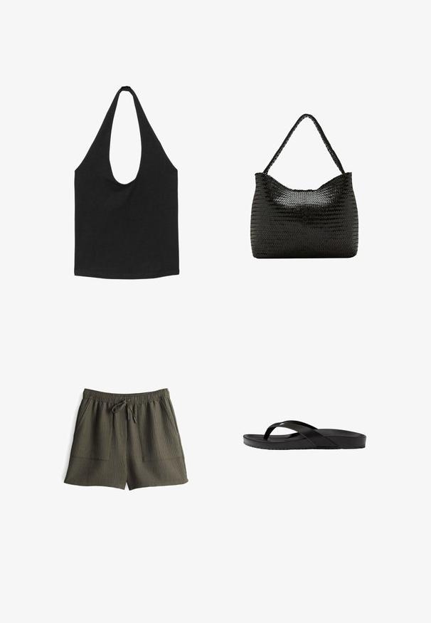 Schwarze Stofftasche mit breiten, abgerundeten Schulterriemen und offenem Hauptfach, vor weißem Hintergrund dargestellt.; Olivgrüne Shorts mit geripptem Muster, elastischem Bund, Kordelzugverschluss und zwei seitlichen Taschen.; Schwarze Flip-Flop-Sandale mit einer glatten Gummisohle, gekreuzten Riemen und einem strukturierten Fußbett für Grip und Komfort.; Schwarze Schultertasche aus gewebtem Leder mit einem einzelnen geflochtenen Griff und einer weichen, abgerundeten rechteckigen Form.