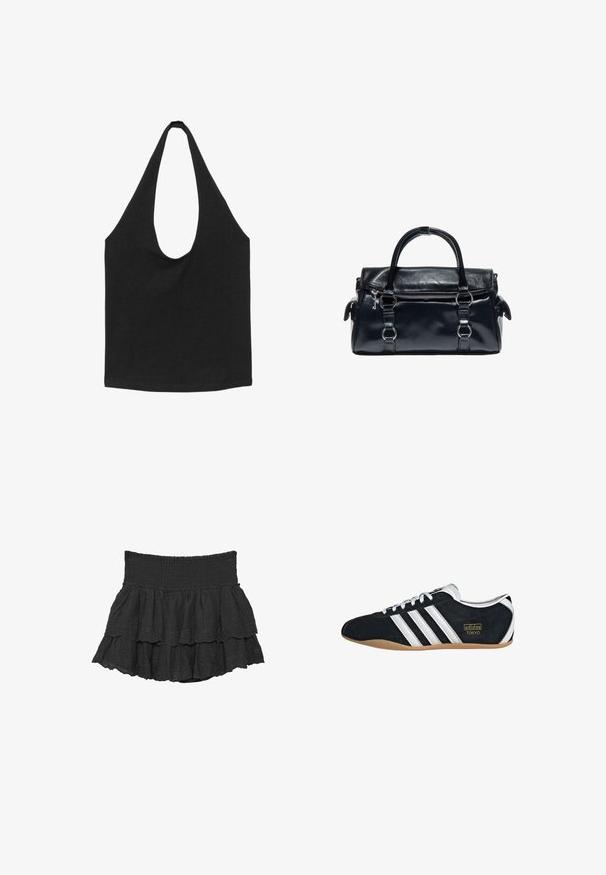 Sac cabas en tissu noir avec des bretelles larges et arrondies et un compartiment principal ouvert, présenté sur fond blanc.; Mini-jupe noire à volants avec large ceinture smockée et motifs floraux brodés sur tissu superposé.; Sneakers en suede noir avec trois bandes blanches, logo doré et semelle en caoutchouc marron. Présente un design à lacets à profil bas.; Sac à main en cuir noir avec double poignée, poche zippée avant et détails en anneaux métalliques argentés sur fond blanc.