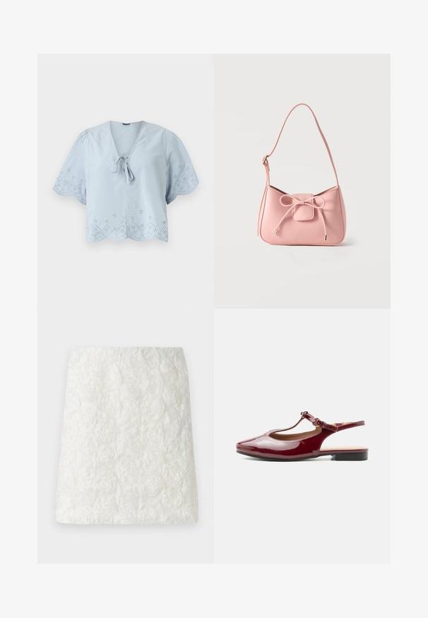 Blouse cropped bleu clair avec des manches bouffantes courtes, des motifs d'œillets décoratifs le long de l'ourlet et un détail à cravate au niveau du col en V.; Jupe mini blanche avec une surface texturée ornée de motifs floraux en relief ressemblant à des roses, fabriquée en tissu léger.; Chaussure slingback bordeaux brillante à talon bas, bride en T avec bout pointu et boucle ajustable sur fond blanc uni.; Petit sac bandoulière rose pastel avec sangle réglable et détail nœud à l'avant avec extrémités dorées sur un fond uni.