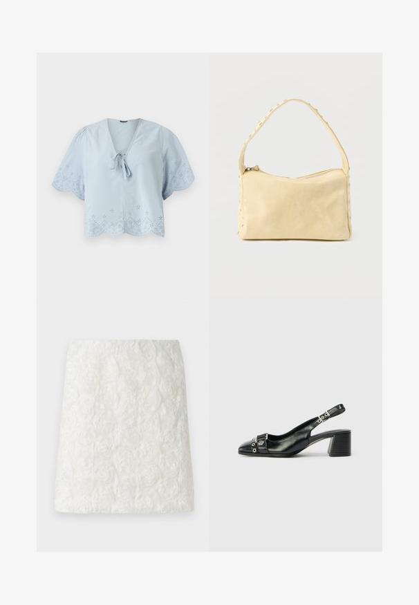 Lichtblauwe cropped blouse met korte pofmouwen, decoratieve oogjespatronen langs de zoom en een strikdetail bij de V-hals.; Witte mini-jurk met een gestructureerd oppervlak en verhoogde bloemmotieven die op rozen lijken, gemaakt van lichtgewicht stof.; Zwart leren slingback hak met een spitse neus, eenTextuur strap met cirkelvormige metalen accenten en een gestapelde blokhak.; Kleine beige leren handtas met een enkele band en zilveren studs langs de randen en band, tegen een effen achtergrond.