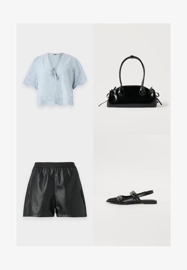 Blusa corta azul claro con mangas cortas abullonadas, patrones de ojales decorativos a lo largo del dobladillo y un detalle de lazo en el escote en V.; Shorts de piel sintética negra con cinturilla elástica, que presentan una textura suave y un diseño holgado. Sin patrones ni detalles visibles.; Even&Odd by Zalando Bailarinas con tira trasera - black; Pequeño bolso negro brillante con dos asas largas y detalles de cordón lateral sobre un fondo claro liso.