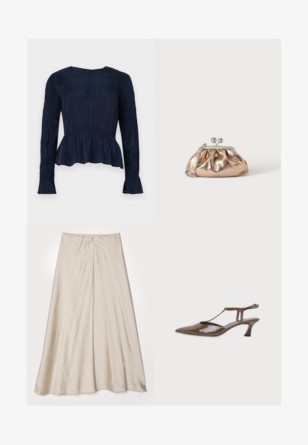 Blouse bleu marine à manches longues avec détails froncés, ourlet à basque et tissu texturé. Comprend un col rond et des manches évasées.; Jupe en satin beige avec une silhouette évasée. Présente une taille froncée et un éclat subtil, avec des coutures angulaires et une drapé fluide.; Chaussure slingback en cuir verni marron, bout pointu, petit talon kitten, fine bride en T et fermeture à boucle à la cheville.; Petit sac pochette métallique dorée avec fermoir argenté et chaîne sur un fond clair uni.