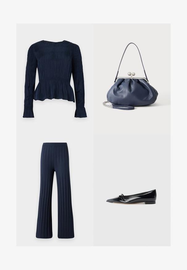 Marineblauwe blouse met lange mouwen, smockdetails, peplumzoom en gestructureerde stof. Heeft een ronde halslijn en wijde mouwen.; Marine-blauwe wijde broek met verticale ribbeltextuur, elastische tailleband en uitlopende zoom. Gemaakt van zachte, comfortabele stof.; Zwarte gepatenteerde leren platte schoen met een puntige neus, een kleine decoratieve band en een lage blokhak. Gladde textuur en strak ontwerp.; Zachte navyblauwe leren handtas met zilveren sluiting, enkele schouderband en afneembare ketting polsband op witte achtergrond.