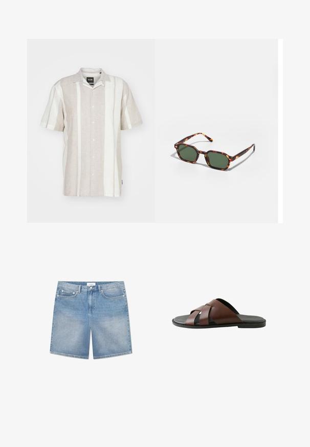 Camisa de lino de manga corta en beige claro con rayas verticales en blanco roto, que presenta un frente abotonado y un diseño de cuello clásico.; Pantalones cortos de mezclilla azul claro con un corte recto, cinco bolsillos, un ligero desgastado y una etiqueta de marca en la cinturilla. Material de algodón con costuras clásicas.; Sandalia deslizante de cuero marrón para hombre con correas cruzadas y suela negra, mostrada de perfil sobre fondo blanco.; Gafas de sol carey con lentes verdes, de forma octagonal y con patillas delgadas y curvas. El material tiene un acabado brillante.