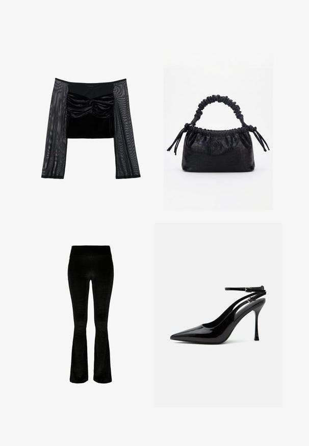 Sort crop top med en fløjlskrop i samlet tekstur, suppleret med lange ærmer i gennemsigtig mesh. Glat og let strækbart materiale.; Sorte bukser med vidde i blødt, velourstof. Høj talje og glat overflade. Designet har en vid cut fra knæet og ned.; Sort laklæder sandaletter med høje hæle, spids tå og dobbelte ankelstropper med sølvspænder.; Sort taske med krokodilletekstur, rynket øverste kant, samlet hank og snore med kvaster på hver side mod en hvid baggrund.