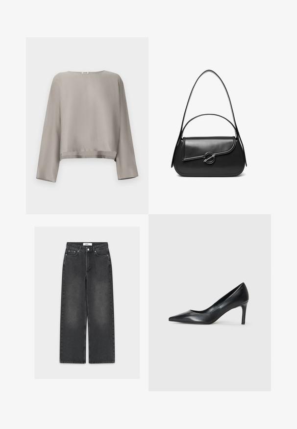 Lysegrå, kortet langærmet top lavet af blødt stof. Har rund halsudskæring og subtilt kantdetalje.; Sorte jeans med vide ben i denim med en falmet finish, der har lukning med knap og lynlås, fem-lomme-design og kontrasterende syninger.; Sorte læder spidse pumps med en slank hæl, glat tekstur og ingen synlige udsmykninger. Rent design med en minimalistisk æstetik.; Sort skuldertaske i læder med en buet klap, der er fastgjort med en rund metal spænde, og en slank, justerbar rem.
