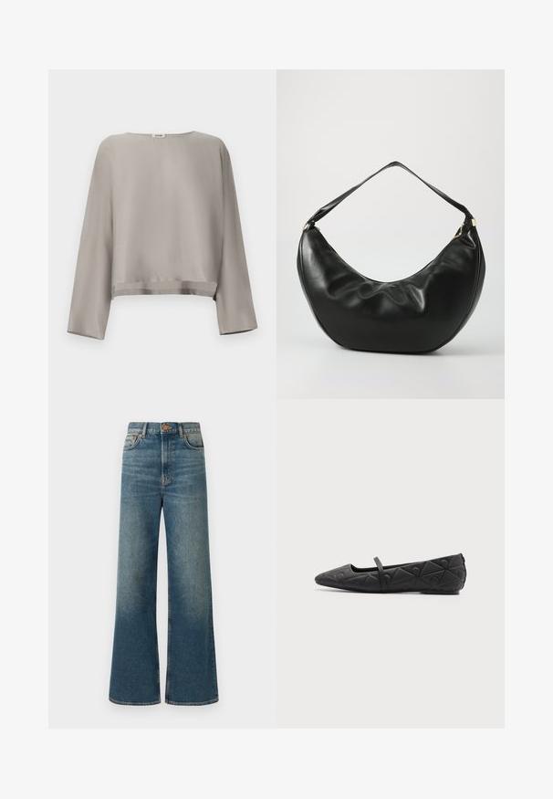 Lysegrå, kortet langærmet top lavet af blødt stof. Har rund halsudskæring og subtilt kantdetalje.; Bredde ben jeans i medium blå denim, med høj talje, fem-lomme design og en subtil falmet finish. Kobberknap og syninger som detaljer.; Sort flad sko med spids tå, quiltede geometriske mønstre og en tynd rem over vristen på en ensfarvet baggrund.; Sort læder skuldertaske med en buet form, blød tekstur og en enkelt rem; har en guldbeslået lynlås og diskret branding.