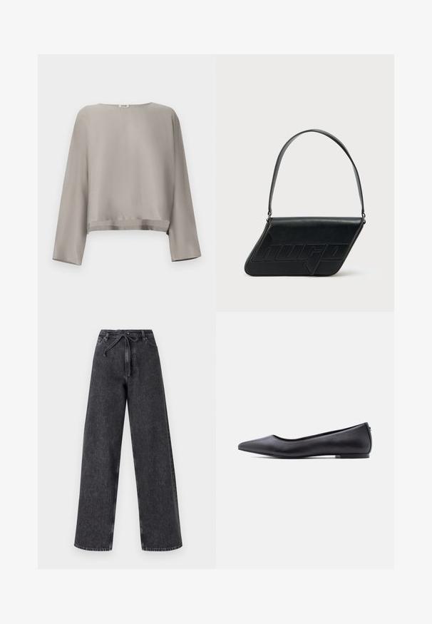 Lysegrå, kortet langærmet top lavet af blødt stof. Har rund halsudskæring og subtilt kantdetalje.; Højtaljede, brede ben sorte denim jeans med snørelukning. Har en falmet tekstur og subtile syninger.; Sort flad lædersko med spidst tåparti og lav hæl, vist i sideprofil mod en hvid baggrund.; Sort skuldertaske i læder med trekantet form, præget logo og en enkelt justerbar rem. Minimalistisk design med glat tekstur.