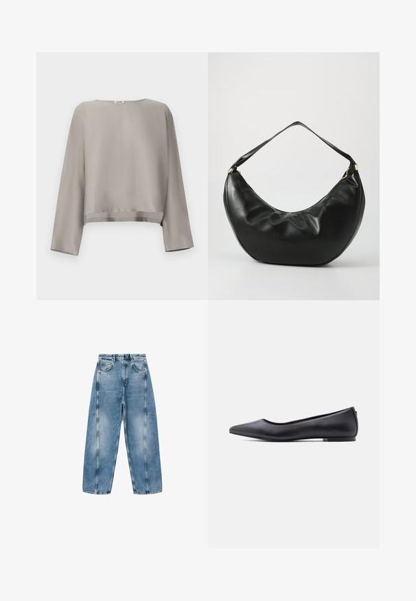Lysegrå, kortet langærmet top lavet af blødt stof. Har rund halsudskæring og subtilt kantdetalje.; Lysblå denim jeans har en afslappet pasform, store lommer og kontrasterende syninger. Stoffet har en falmet finish med en glat overflade.; Sort flad lædersko med spidst tåparti og lav hæl, vist i sideprofil mod en hvid baggrund.; Sort læder skuldertaske med en buet form, blød tekstur og en enkelt rem; har en guldbeslået lynlås og diskret branding.