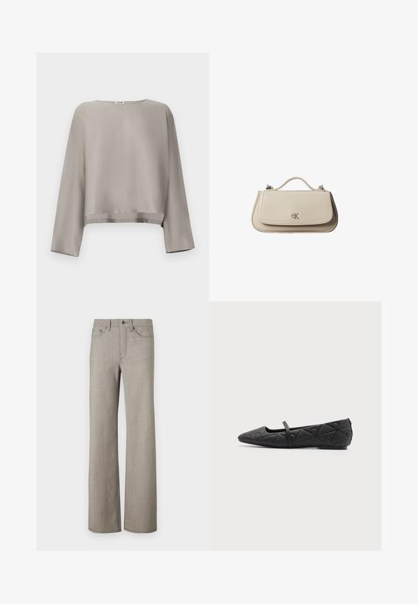 Lysegrå, kortet langærmet top lavet af blødt stof. Har rund halsudskæring og subtilt kantdetalje.; Bredde benbukser i en lys grå, tekstureret stof med en glat overflade. Har en knaplukning og fem-lomme design.; Sort flad sko med spids tå, quiltede geometriske mønstre og en tynd rem over vristen på en ensfarvet baggrund.; Lille beige læderhåndtaske med top håndtag og sølv CK-logo på frontklap, vist mod en hvid baggrund.