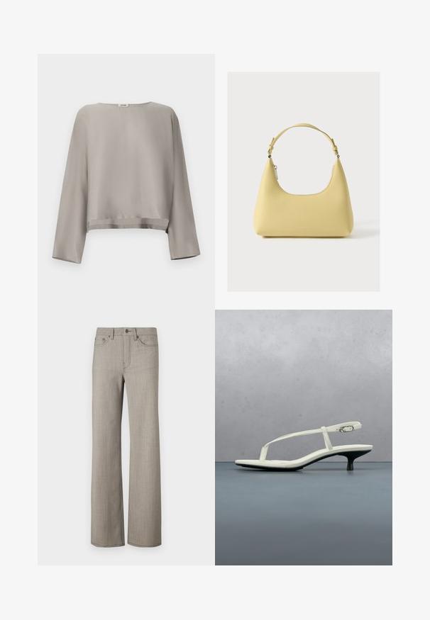 Lichtgrijs, cropped top met lange mouwen gemaakt van gladde stof. Voorzien van een ronde halslijn en subtiele zoomdetails.; Brede broekspijpen in een lichtgrijze, gestructureerde stof met een gladde afwerking. Voorzien van een knoopsluiting en een ontwerp met vijf zakken.; Witte sandaal met smalle bandjes en kitten heel, met een spitse neus, zwevend boven een houten tegelvloer buiten, met op de achtergrond een wazige plant en muur.; Gele leren handtas met een gebogen silhouet, korte verstelbare band en een vak met ritssluiting. Heeft een subtiel logo aan de voorkant.