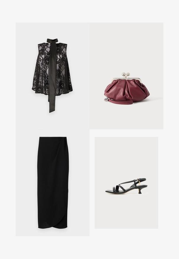 Mustmust koos värvitud disainiga, millel on kaelarihm. Lõngadel on lillemustrid ja läbipaistev tekstuur, luues elegantse välimuse.; Mustmust muströöp, mis on valmistatud siledast kangast, millel on drapeeritud disain ja kerge keeratuse detail ees. Lihtne ja luksuslik siluett.; Mustad rihmaga väikese kontsaga sandaalid, ruudukujulise ninaga, pahkluu pannal ja väike kuldne ripats tavalise heleda taustal.; Väike burgundia nahast käekott, millel on hõbedane metallist kinnitus ja randmerihm valge taustaga.