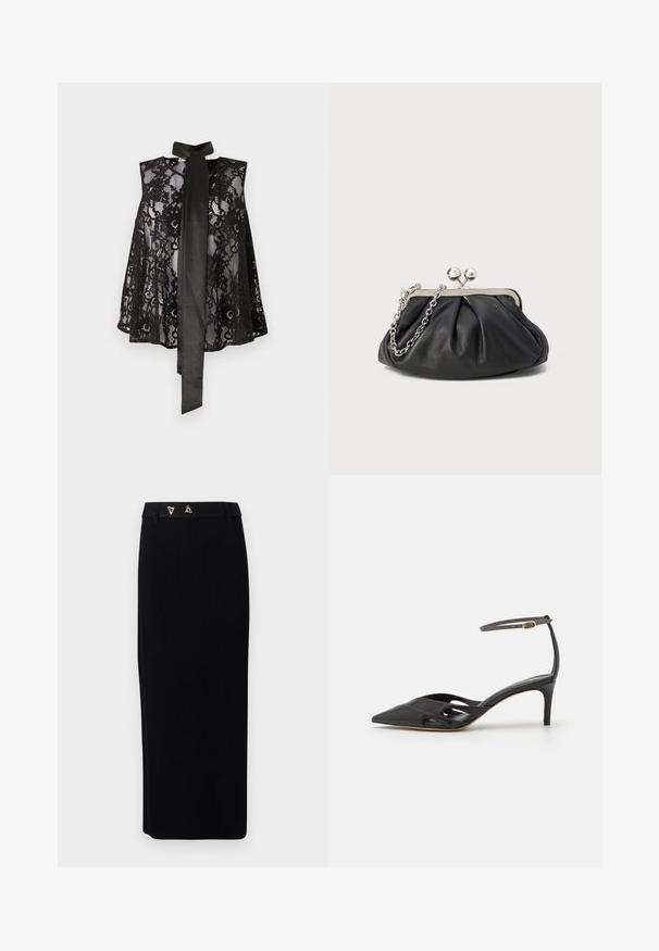 Sort bluse af blonder med en ærmeløs design og en halsbundet. Blonderne har blomster mønstre og en gennemsigtig tekstur, der skaber et elegant look.; AERON FORUM - Pencil skirt - black; Sort læder højhælet sko med spids tå, åbne sider og en tynd ankelrem med en lille guld detalje.; Sort læder clutch med samlet tekstur, sølvfarvet metalramme, kys-lås lukning og kædestrop. Glat, blød overflade.