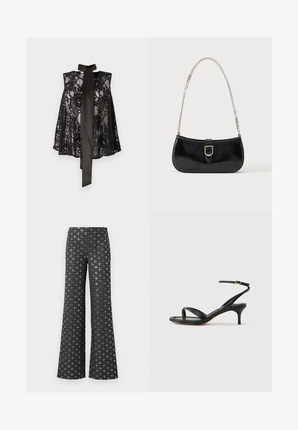 Zwarte kanten top met een mouwloos ontwerp, voorzien van een halsband. De kant heeft bloemmotieven en een doorschijnende textuur, wat zorgt voor een elegante uitstraling.; Zwarte wijde broek met een sequined textuur en zilveren accenten, die een patroon over de hele stof creëert.; Zwarte leren dames sandaal met dunne bandjes, een teengreep, een enkelgesp en een stilettohak van gemiddelde hoogte op een neutrale achtergrond.; Zwarte lakleren schoudertas met een zilveren gespdetail en een zilveren kettingriem, getoond tegen een effen lichte achtergrond.