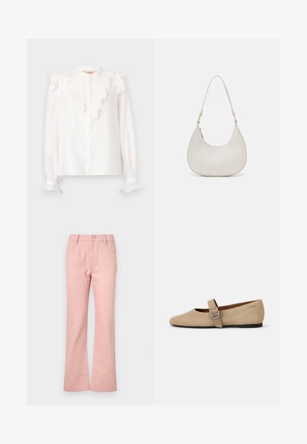 Witte blouse van lichtgewicht stof, met een gerimpelde voorkant en manchetten, knoopsluiting en lange mouwen.; Roze denim flared broeken met vijf zakken, een knoopsluiting en een textuurstof die subtiele multikleurige spikkels bevat.; Beige suède Mary Jane balletschoenen met een spitse neus en een enkele verstelbare band met een zilveren gesp. Zwarte platte zool.; Crème leren schoudertas met een halve maan vorm, dunne schouderband en subtiele stiksels. Minimalistisch ontwerp met gouden hardware accenten.
