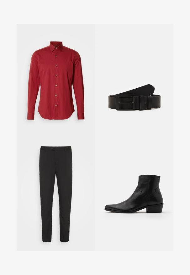 Rotes Langarmhemd mit Button-Down-Kragen, Frontblende mit silbernen Knöpfen und einem glatten, leichten Stoff.; Schwarze, maßgeschneiderte Hose mit geradem Bein, vorderen Taschen und Knopfverschluss. Aus glattem Stoff mit leichtem Glanz gefertigt.; Schwarze Leder-Ankle-Boots mit spitzer Zehenpartie, minimalen Nähdetails, einem mittelhohen Blockabsatz und einer glatten, polierten Oberfläche.; Schwarzledergürtel mit einer mattscharzen rechteckigen Metallschnalle und zwei Gürtelschlaufen auf weißem Hintergrund.